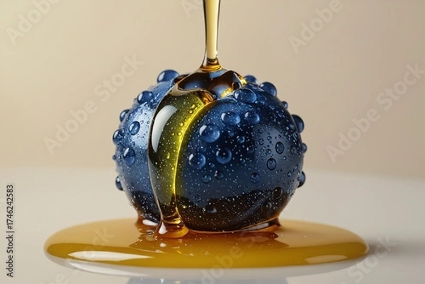 Fototapeta Golden Honey Dripping on Glossy Blue Fruit Macro Photography.