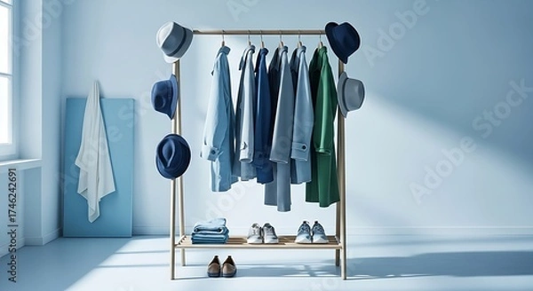 Obraz Serene Blue Clothing Display on Wooden Rack