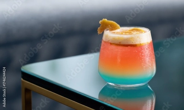 Fototapeta Colorful layered cocktail in a teal glass, garnished with orange zest, on a mirrored surface