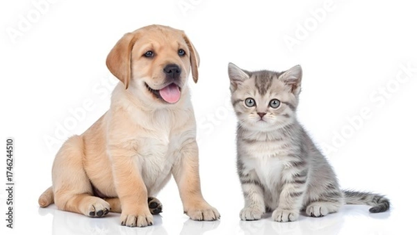 Fototapeta Playful puppy and curious kitten together indoor studio pet photography bright setting close-up friendship concept