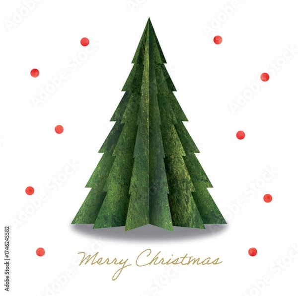 Fototapeta 水彩の立体的なペーパークラフトのクリスマスツリー緑