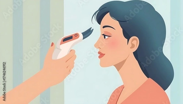 Fototapeta Woman's Temperature Checked with Infrared Thermometer, Healthcare Illustration