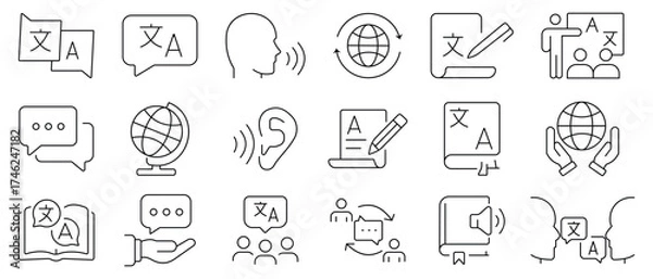 Fototapeta Language icon set. Translation and communication linear icon collection. Icon for translate, writing, speech, speaking, dictionary, text, communication, speech, talk and more. vector illustration.