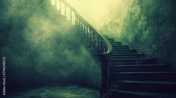 Fototapeta Eerie Green Mist Enveloping an Ornate Decaying Staircase in a Haunted Abandoned Mansion
