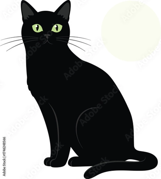 Fototapeta Mysterious black cat posing gracefully with bright green eyes near a soft yellow orb isolated on transparent background