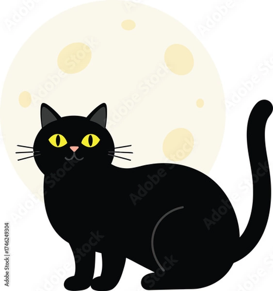 Fototapeta Mysterious black cat with bright green eyes posed near a soft yellow moon halloween theme isolated on transparent background