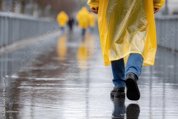 Fototapeta Person in bright yellow raincoat walking away on wet pavement during heavy rain, with others blurred in the distance.