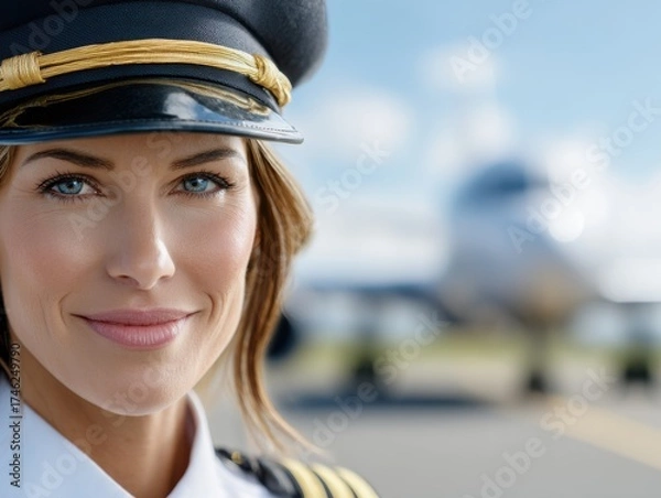 Fototapeta Close-up portrait of a smiling professional female pilot in uniform and cap, with a blurred jet aircraft on the tarmac behind her.