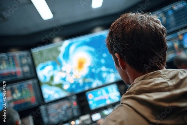 Fototapeta Man watches a large screen displaying a hurricane map in a dimly lit control room.