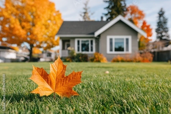 Fototapeta Single orange maple leaf resting on a lush green lawn, sharply focused, with a blurred suburban house and fall trees behind.