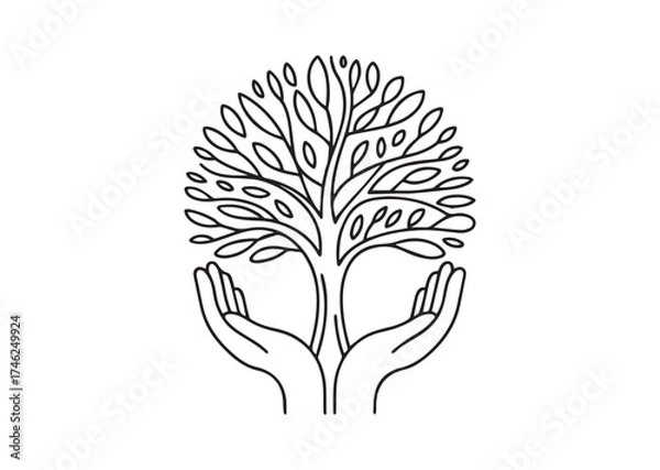 Fototapeta Tree in open hands line art vector