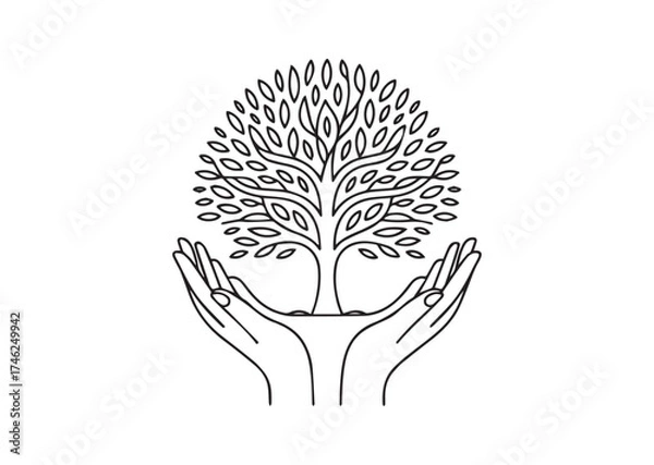 Fototapeta Tree in open hands line art vector