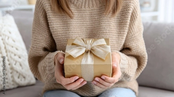 Fototapeta Close-up of a person in a cozy sweater holding a golden gift box with a sparkling bow, sitting on a couch.