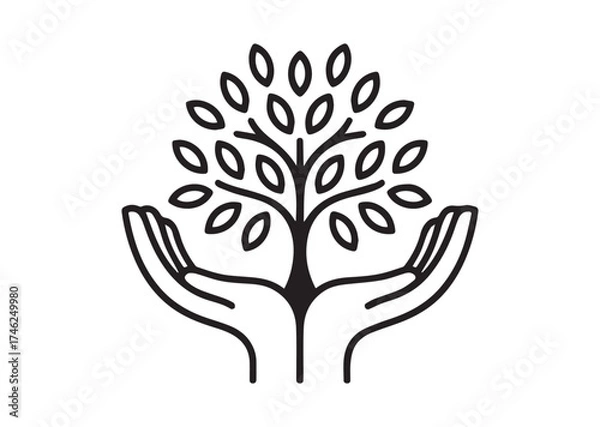Fototapeta Tree in open hands line art vector