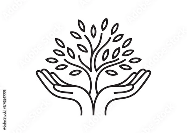 Fototapeta Tree in open hands line art vector