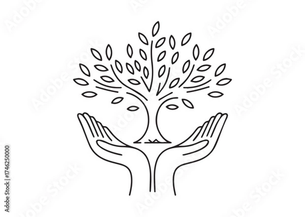 Fototapeta Tree in open hands line art vector