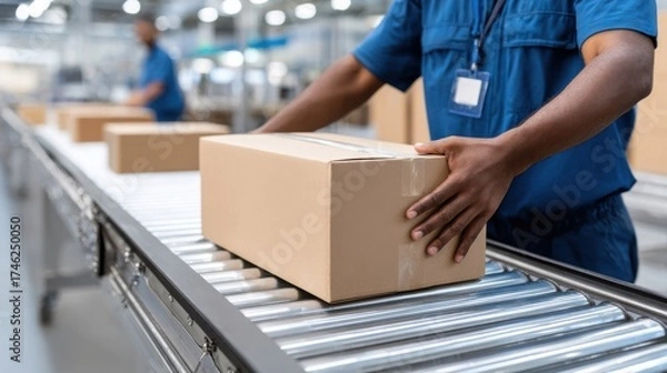 Fototapeta Close-up of a logistics worker in blue uniform placing a brown box onto a conveyor belt inside a busy warehouse.