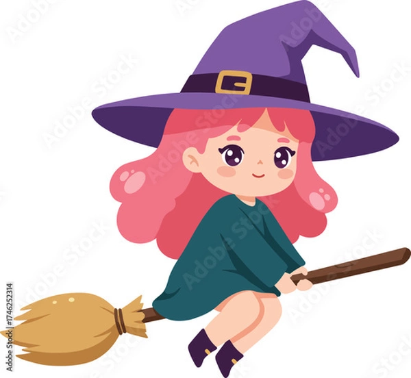 Fototapeta Cute kawaii witch flying on broomstick festive halloween character design isolated on transparent background