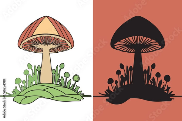 Fototapeta Botanical Mushroom Drawing on Mound of Soil in Simple Art.