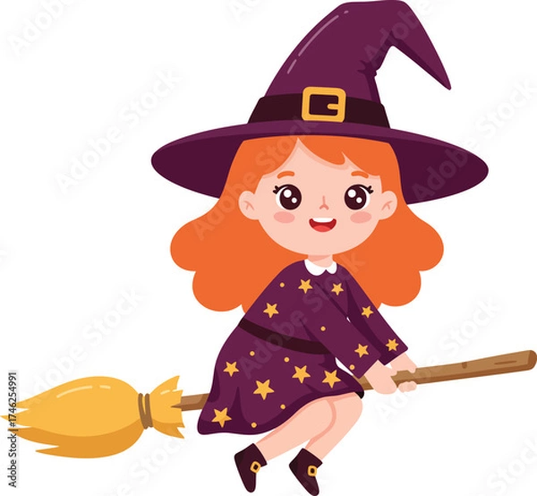 Fototapeta Cute cartoon witch on broomstick flying high animated halloween character fun festive design isolated on transparent background