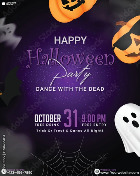 Obraz 
3D Happy Halloween party celebration social media flyer design vector with ghost, pumpkin, bats on a dark purple background. 