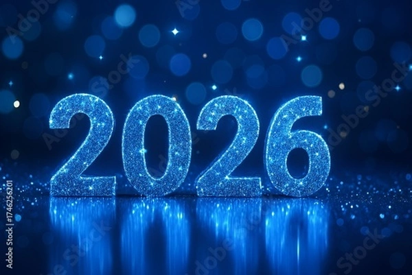 Fototapeta Sparkling Blue 2026 New Year Numbers on Reflective Surface with Glowing Lights and Bokeh Background Isolated on White P N G Download for Social Media Advertisement Banner