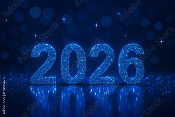 Fototapeta Sparkling Blue 2026 New Year Numbers on Reflective Surface with Glowing Lights and Bokeh Background Isolated on White P N G Download for Social Media Advertisement Banner