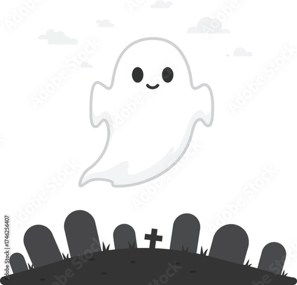 Fototapeta Cute cartoon ghost floating above halloween graveyard with clouds isolated on transparent background