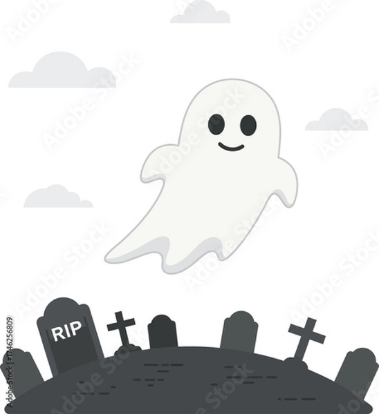 Fototapeta Cute cartoon ghost floats over spooky graveyard with clouds halloween theme isolated on transparent background
