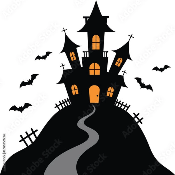 Fototapeta Spooky halloween haunted mansion on a hill with bats and graveyard silhouettes isolated on transparent background