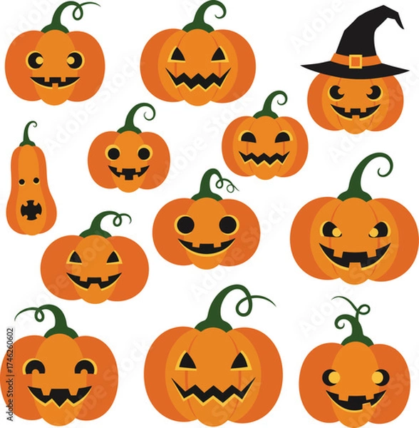 Fototapeta Collection of cheerful halloween pumpkins with carved faces and witch hat festive decor isolated on transparent background