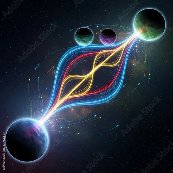 Fototapeta Stunning interstellar connection with vibrant energy streams flowing between planets across the cosmos, perfect for science fiction or technology concepts