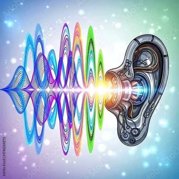 Fototapeta Experience vibrant sounds with advanced hearing technology, showcasing colorful waves and robotic ear design for innovative audiology solutions