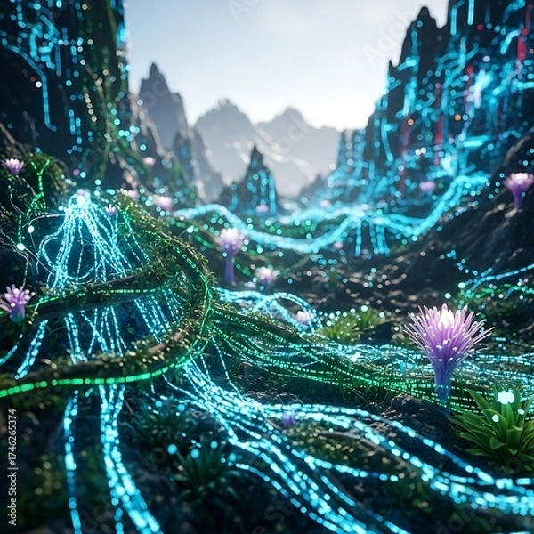 Fototapeta Vibrant futuristic landscape with glowing flora and circuit-like vines, an otherworldly vista perfect for science fiction and technology themes