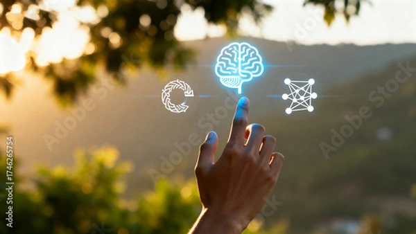 Fototapeta Hand interacting with digital brain icons