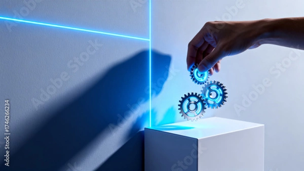 Fototapeta Hand placing gears with blue light