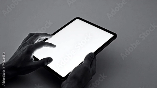 Fototapeta Hands using tablet on gray background