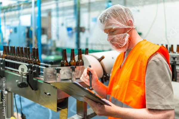 Fototapeta Worker inspecting beer bottling process in factory