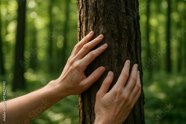 Obraz hand gently touching the rough bark of a large tree