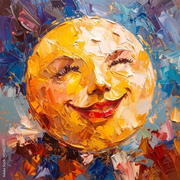 Obraz A cheerful and expressive impasto oil painting of a smiling moon face. The thick, textured brush strokes create a vibrant and dreamy artwork for a good night.