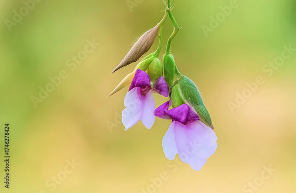 Fototapeta Two delicate lavender-pink blossoms hang gracefully from green stems, framed by soft buds and a dreamy green-yellow background.