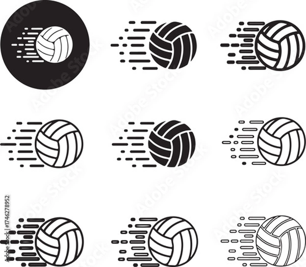 Fototapeta Nine volleyball icons with motion trails on transparent background silhouette