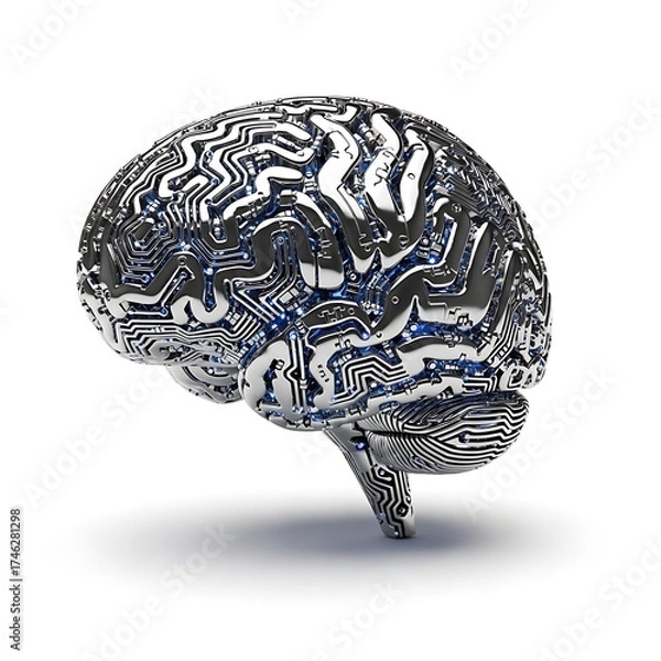 Fototapeta Modern AI Concept Art: Metallic Brain with Glowing Circuits for Science, Technology, and Futuristic Designs. Illustrates innovation and the digital age
