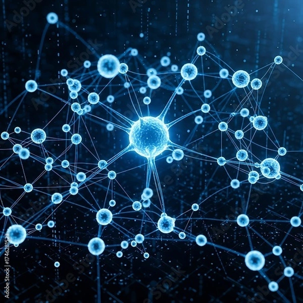 Fototapeta Stunning neural network visualization showcasing AI connectivity, representing data science, technology, and modern innovation in a vibrant blue design