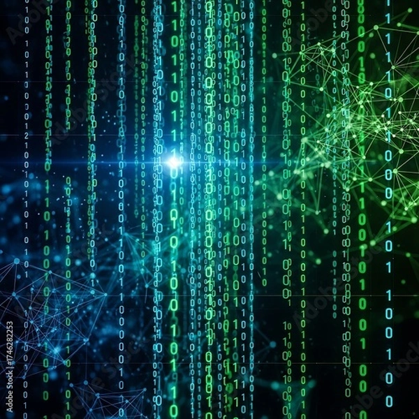 Fototapeta Modern cyber security background with vibrant green digital binary code stream and network connections for innovative technology solutions and data privacy