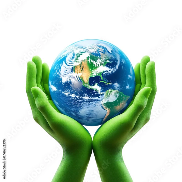 Obraz Green Hands Holding Earth: Environmental Protection and Sustainability Concept with Planet Care Symbol on White Background