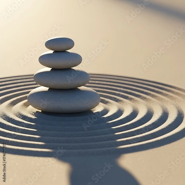 Fototapeta Find inner peace with this zen garden featuring a calming stone stack and raked sand, ideal for meditation practices and mindful moments today