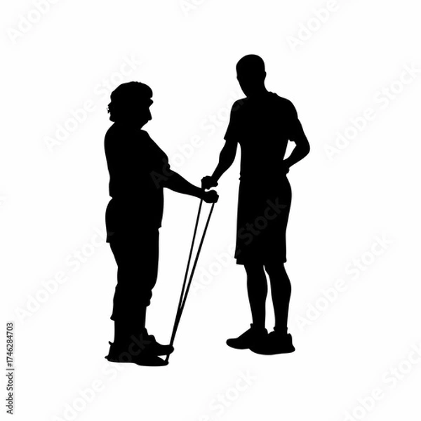 Fototapeta Silhouette of physical therapist with athlete using resistance bands isolated on white background