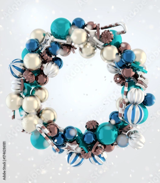 Fototapeta Festive 3D composition of colorful gold, teal, and silver ornaments with candy canes and stars. Perfect for New Year, Christmas cards, and holiday marketing. 3d rendering illustration not AI