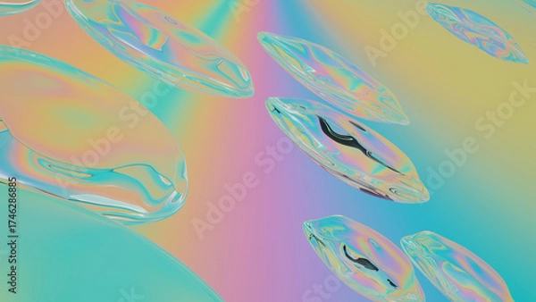 Fototapeta Holographic Fluid Forms in Soft Pastel Colors. Abstract 3D Glass Drops with Rainbow Reflection. 3d rendering illustration not AI